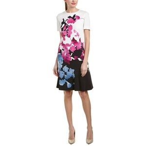Escada Floral Orchid Print Short Sleeve Stretch Designer Shift Dress